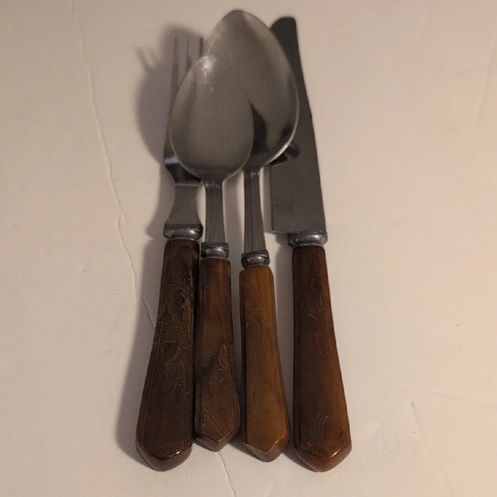 4pc Art Deco Style Bakelite Handle Wood Grain Silverware Fork Spoons Knife